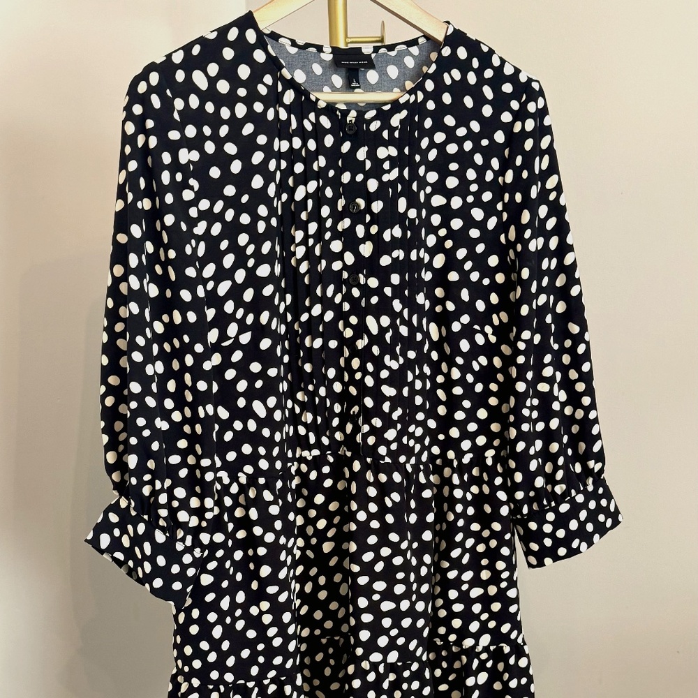 Who What Wear Black Polka Dot Mini Dress – Size L – Tie Neck, 3/4 Sleeve
